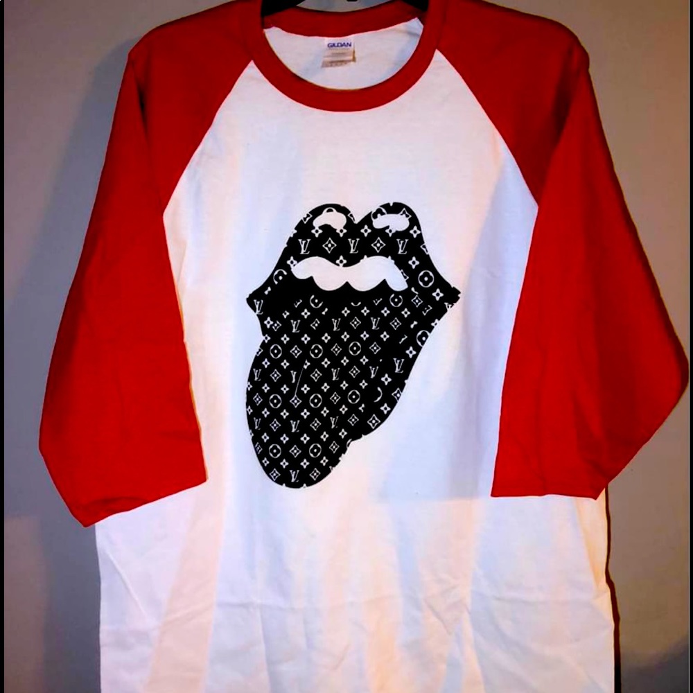 Red an white baseball tee with lv lips